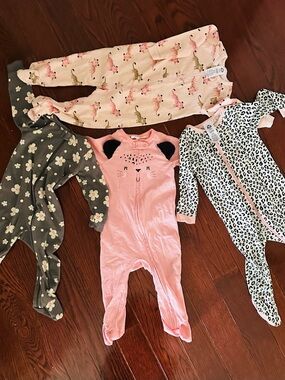 Baby Footed Pajamas - Pink, Gray, White Animal Prints